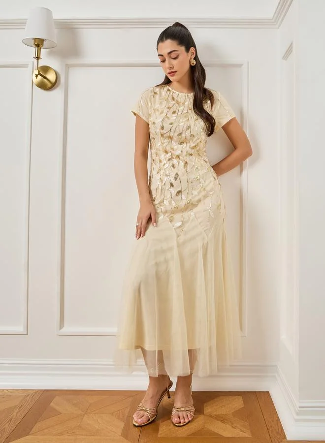 Styli Women Beige Embroidered Mesh A-Line Maxi Dress